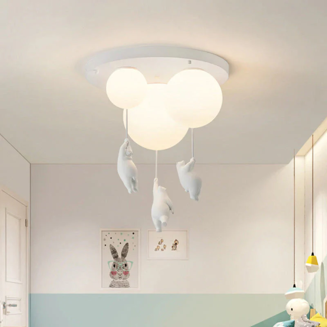 Bright LED bear balloon ceiling light, durable resin & acrylic lamp for kids' spaces.