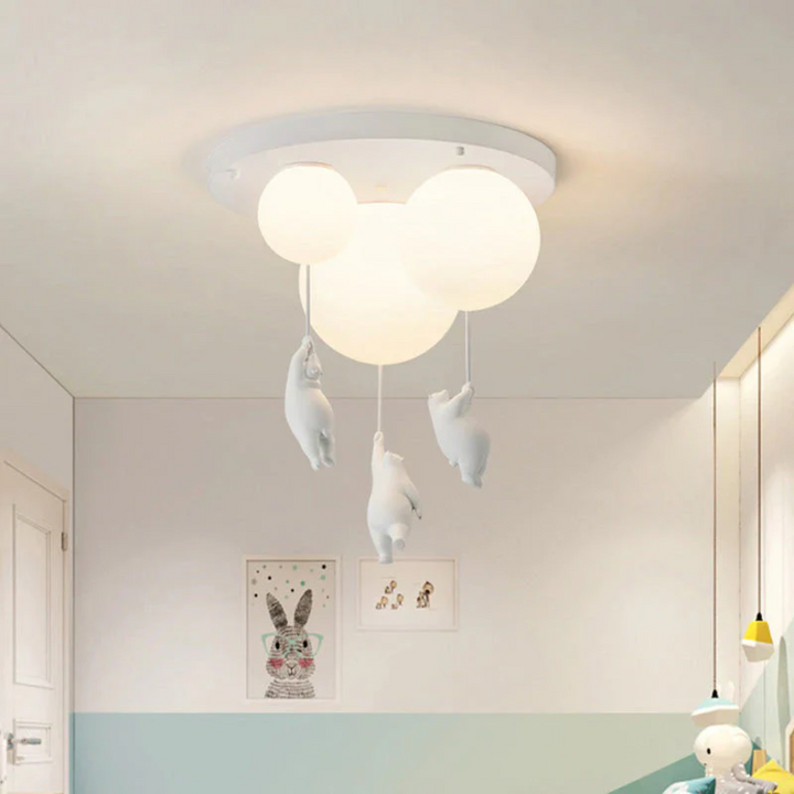 Bright LED bear balloon ceiling light, durable resin & acrylic lamp for kids' spaces.