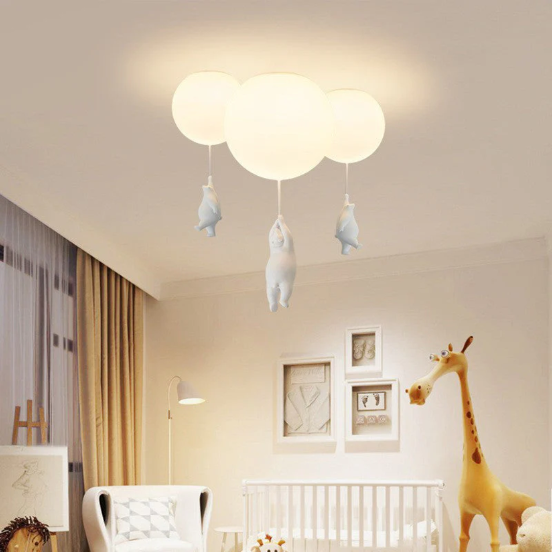 Decorative LED bear balloon ceiling fixture, perfect for children's bedroom lighting.