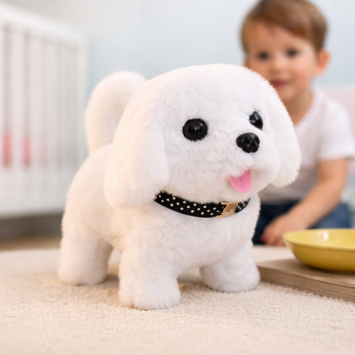 Kids' interactive plush robot puppy, a realistic walking electronic pet toy for children's playtime & companion.