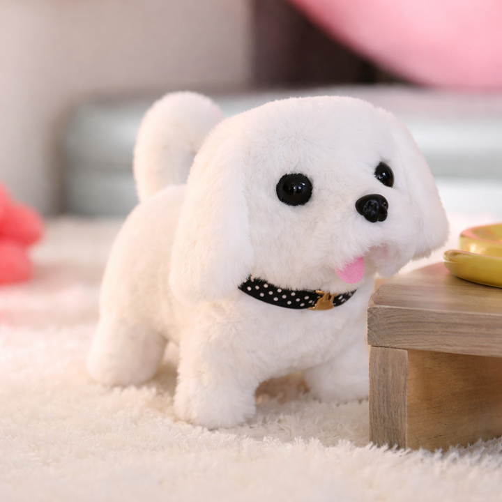 Cute interactive robot dog toy; soft plush puppy with realistic walking & electronic pet features for kids.