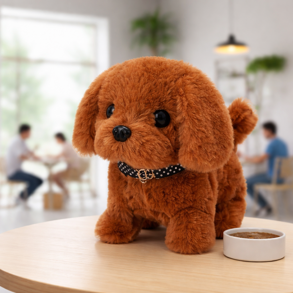 Child's interactive electronic plush puppy, a lifelike walking robot dog toy, ideal gift for young pet lovers.