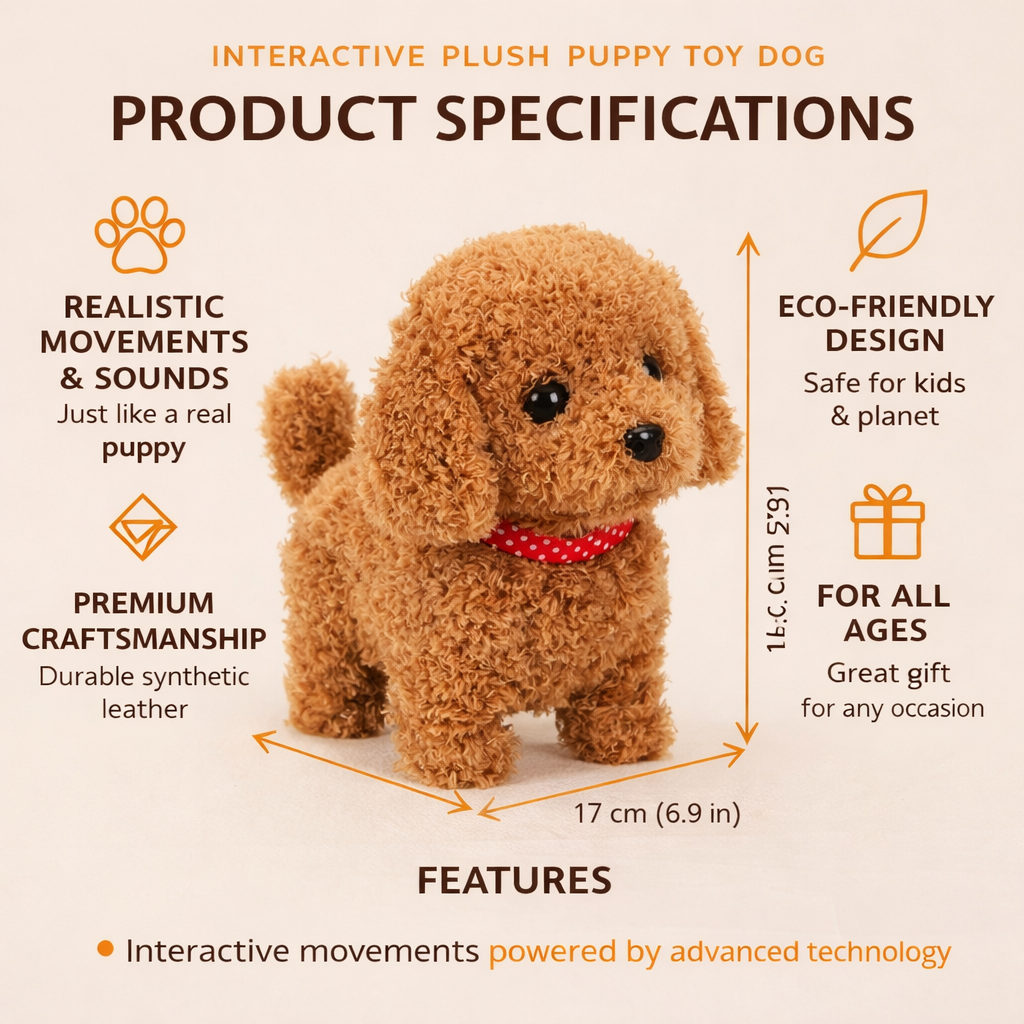 Brown plush robot puppy, an interactive walking electronic pet toy, brings realistic companion fun for kids.