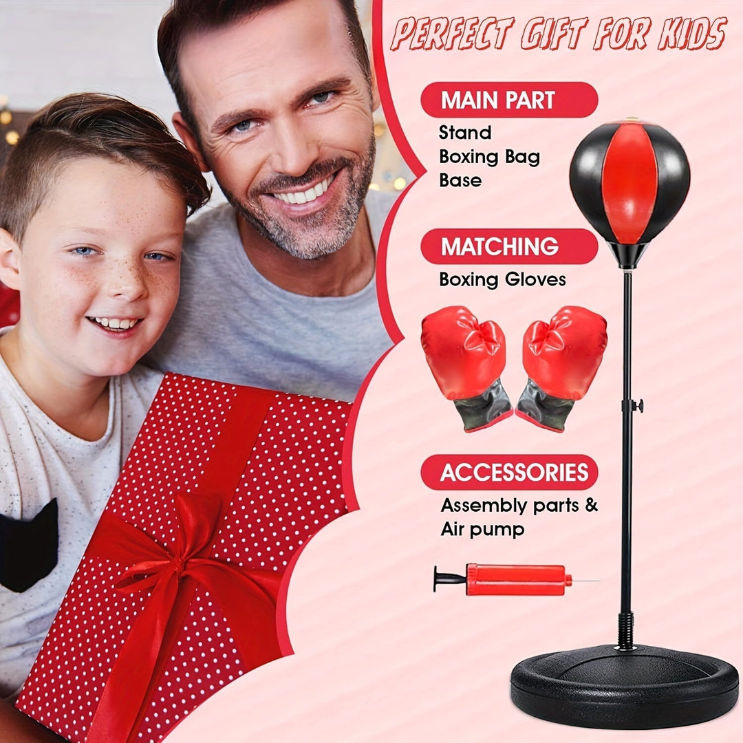 Youth fitness punch bag with gloves for indoor games or outdoor play, enhancing kids' boxing skills.