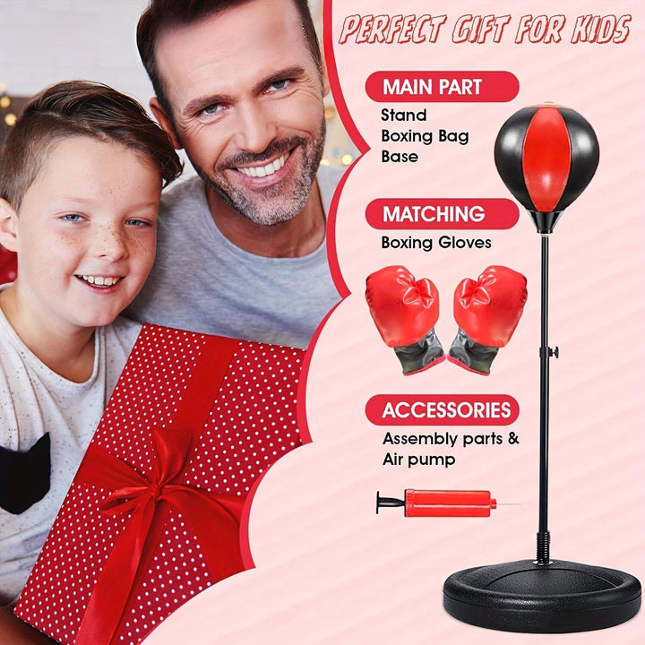 Youth fitness punch bag with gloves for indoor games or outdoor play, enhancing kids' boxing skills.