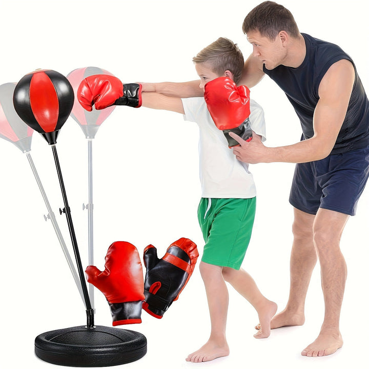 Red kids' punch bag & glove set for youth fitness, great for active kids' indoor games and outdoor play.