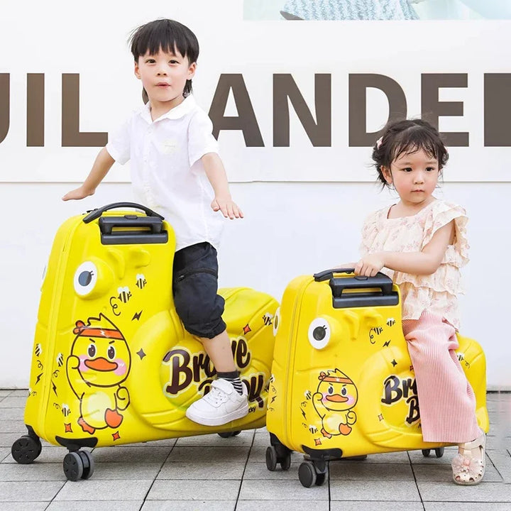 Kids' ride-on scooter suitcase, fun travel luggage for children, with secure storage & easy glide spinner wheels.