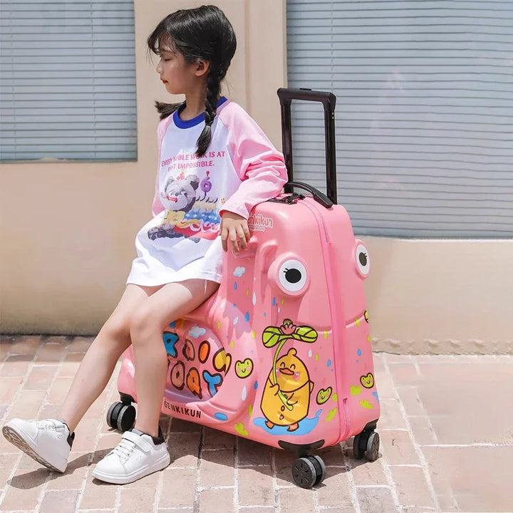 Child's ride-on scooter suitcase with smooth-rolling spinner wheels, perfect for airport & family travel.