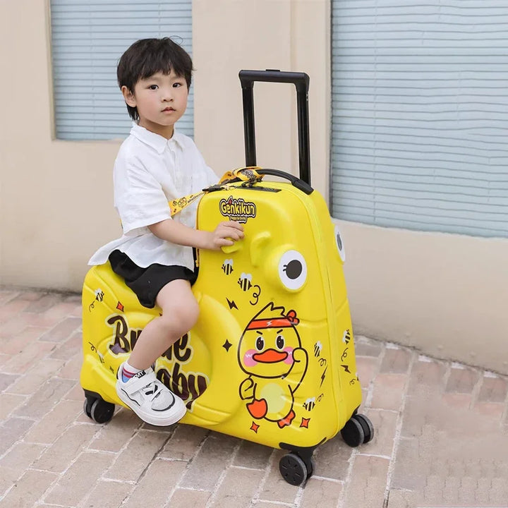 Cute duck design kids' ride-on luggage, a fun scooter suitcase for child travel, vacations & adventures.