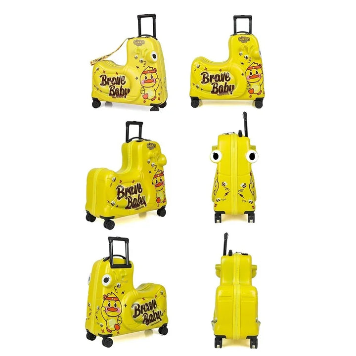Fun kids' ride-on scooter suitcase. Child travel gear, cartoon luggage with spinner wheels, ideal children's gift.