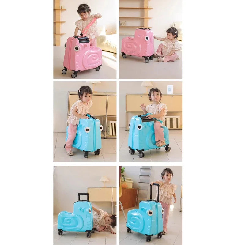 Engaging kids' scooter suitcase makes airport travel fun. Ride-on luggage with duck design & smooth-gliding wheels.