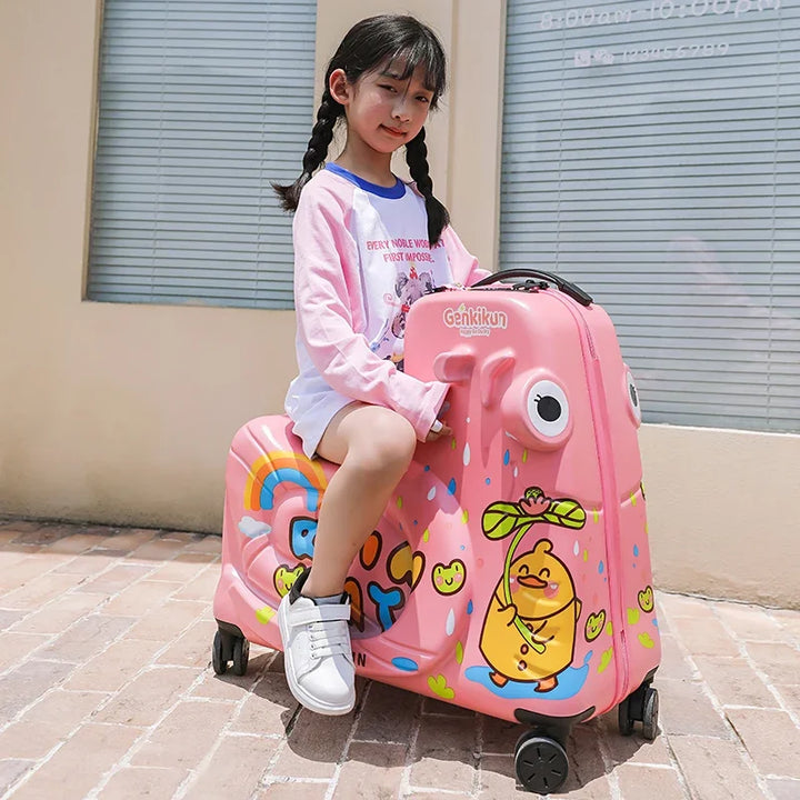 Kids' travel luggage and ride-on scooter in one. Durable child suitcase with spinner wheels for easy airport navigation.