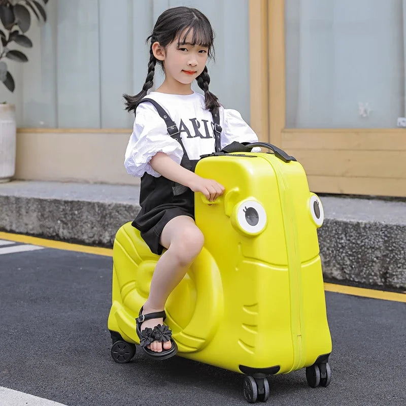 Kids' ride-on scooter suitcase with 360-degree spinner wheels for effortless airport travel. Fun child luggage.