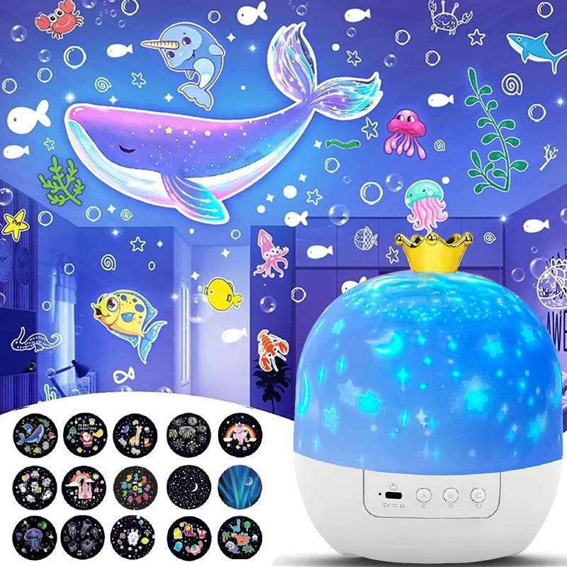 Kids' Rotating Star Projector Night Light creating a calming galaxy and ocean waves on a child's bedroom ceiling.