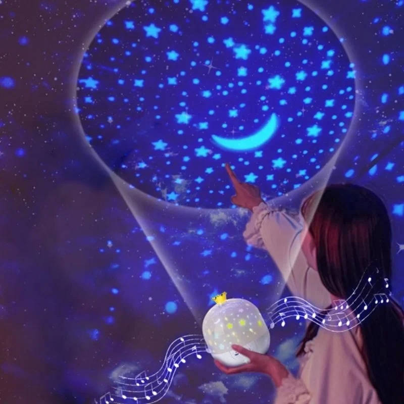 Children's LED star projector night light with remote control, casting soothing rotating galaxy and ocean waves.