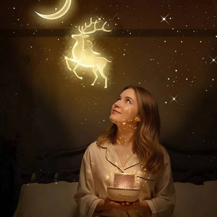 Soothing bedtime lamp: Kids' star projector creating a peaceful atmosphere with rotating stars, moon, and ocean waves.