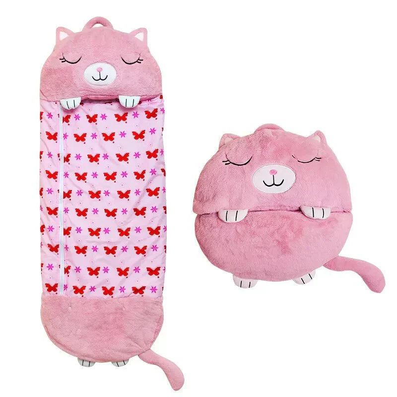 "Kids' SleepyBuddy 2-in-1 sleeping bag & plush toy in cat design, soft cozy polyester, perfect for sleepovers & play."