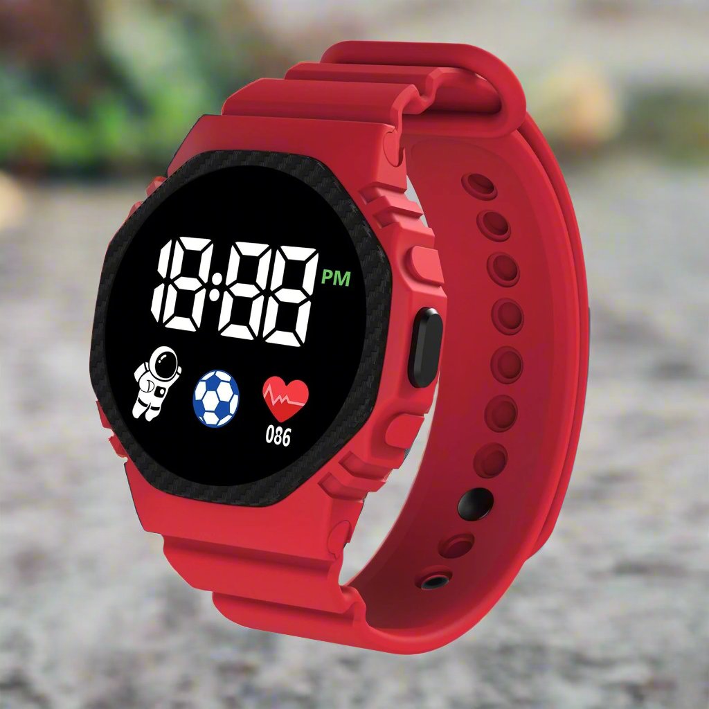 Kids' waterproof digital sports watch, durable for active play, outdoor adventures & children's sports.