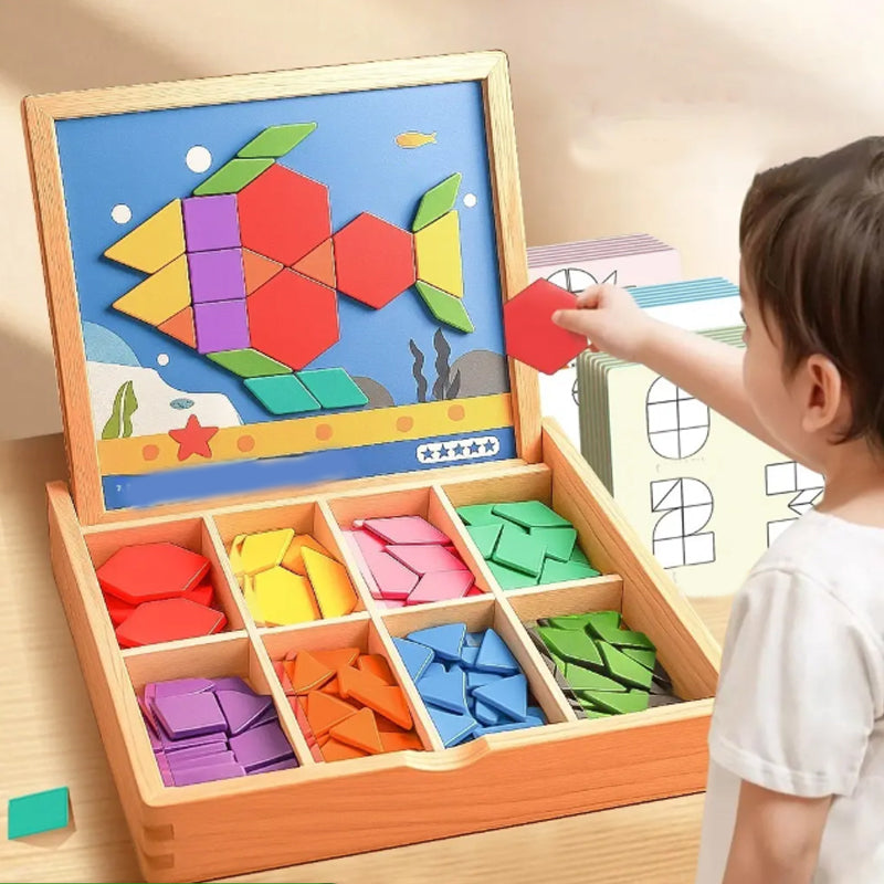 Kids' Wooden Magnetic Pattern Blocks Puzzle Set for creative shape recognition & STEM learning.