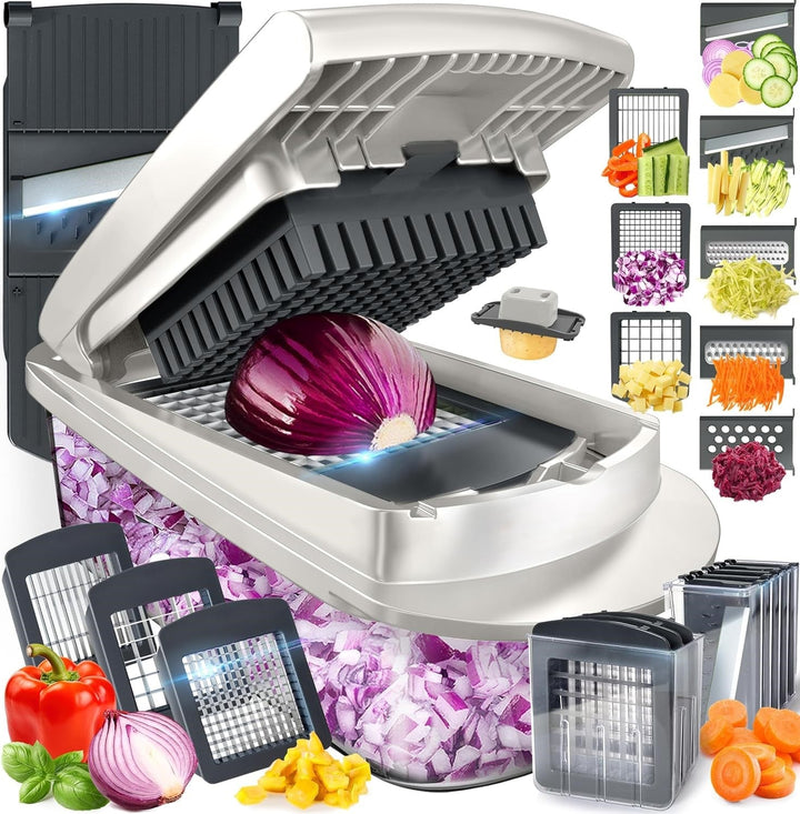 Kitchen 10-in-1 vegetable slicer with 8 blades for rapid chopping & grating, a versatile food prep tool.