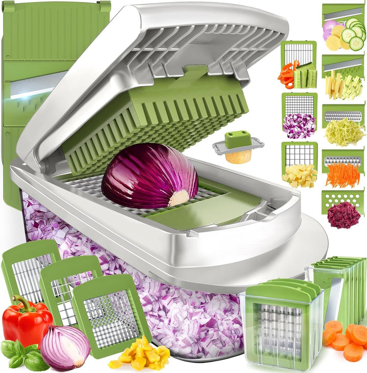 Multi-functional 10-in-1 vegetable chopper & grater with 8 interchangeable blades for easy kitchen food prep.