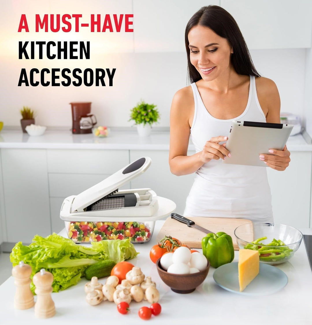 Versatile 10-in-1 kitchen gadget with 8 sharp blades for slicing, dicing, and grating various vegetables.