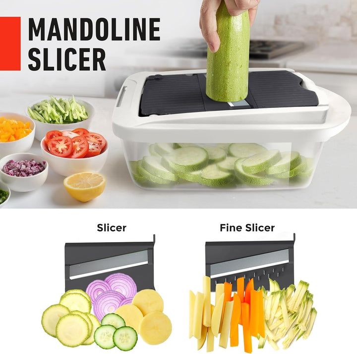A complete 10-in-1 vegetable slicer kit displayed, showcasing its various blades & container for food prep.