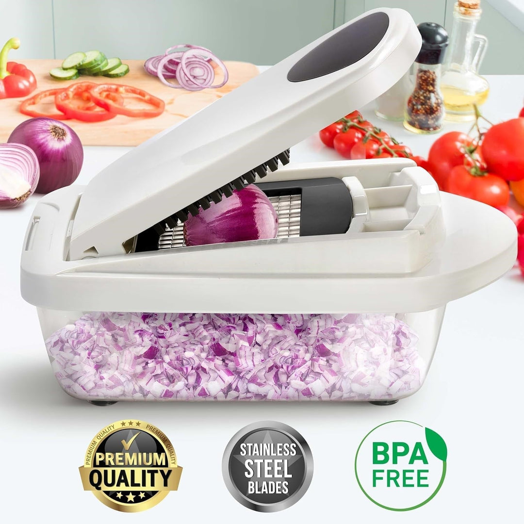 Durable 10-in-1 multi-tool for kitchen food prep, featuring 8 blades for all your slicing and chopping needs.