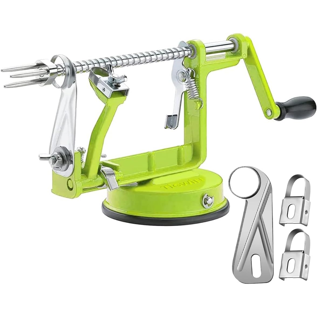 Stainless steel apple peeler & slicer with powerful suction base for stable and efficient food prep.