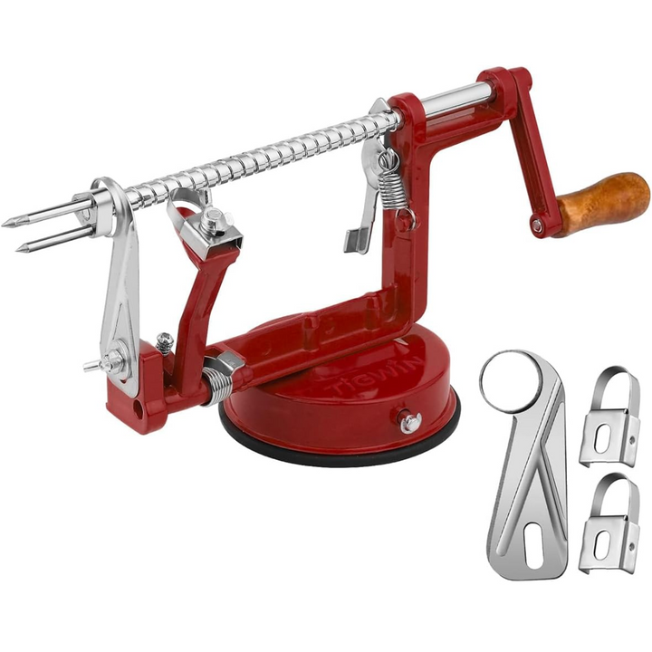Versatile stainless steel apple peeler, slicer & corer, an essential kitchen tool for fruit.