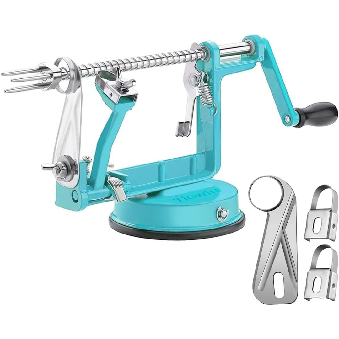 Peeling and slicing apples quickly with this sturdy kitchen peeler & corer, featuring a strong suction base.