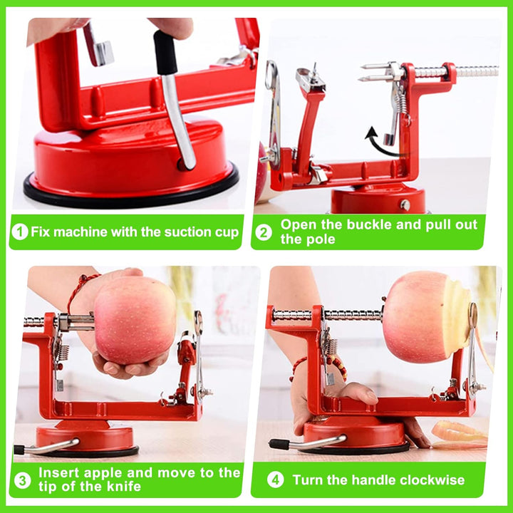 Modern kitchen gadget: an apple peeler, slicer, and corer with an integrated suction base for stability.
