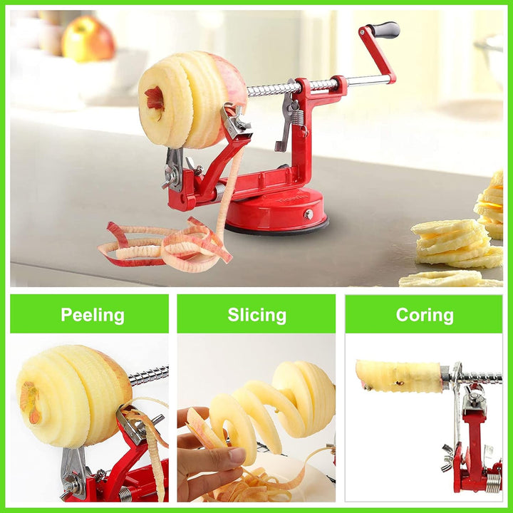 Kitchen apple peeler and fruit slicer with a robust suction base for effortless food prep.