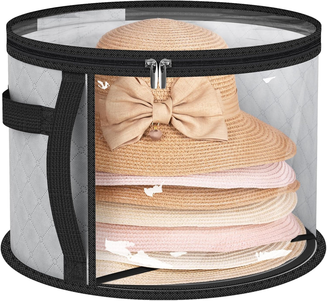 Large clear hat storage case for wide-brim hats. Dustproof organizer with handles for home & travel.