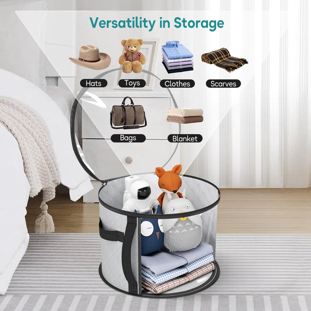 Keep your wide-brim hats organized in this large, clear, dustproof case with convenient handles.