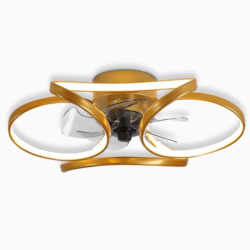 "LED flush mount ceiling fan light with curved blades, modern design enhances living rooms or bedrooms, stylish center fixtur