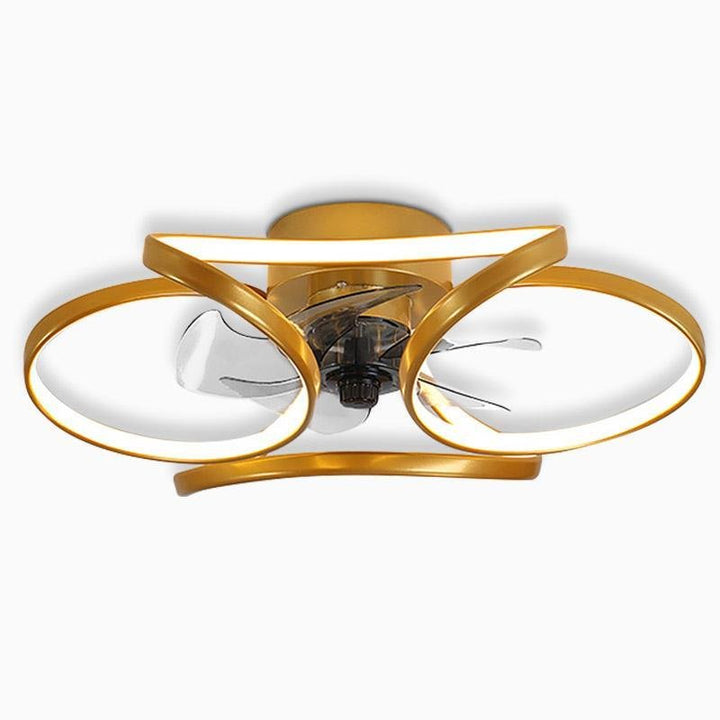 "LED flush mount ceiling fan light with curved blades, modern design enhances living rooms or bedrooms, stylish center fixtur