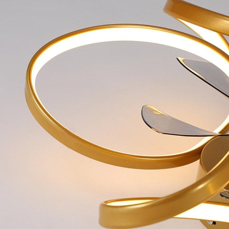 "LED flush mount ceiling fan light with curved blades, modern design enhances living rooms or bedrooms, stylish center fixtur