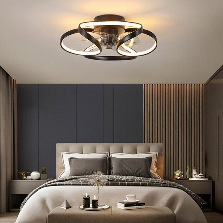 "LED flush mount ceiling fan light with curved blades, modern design enhances living rooms or bedrooms, stylish center fixtur