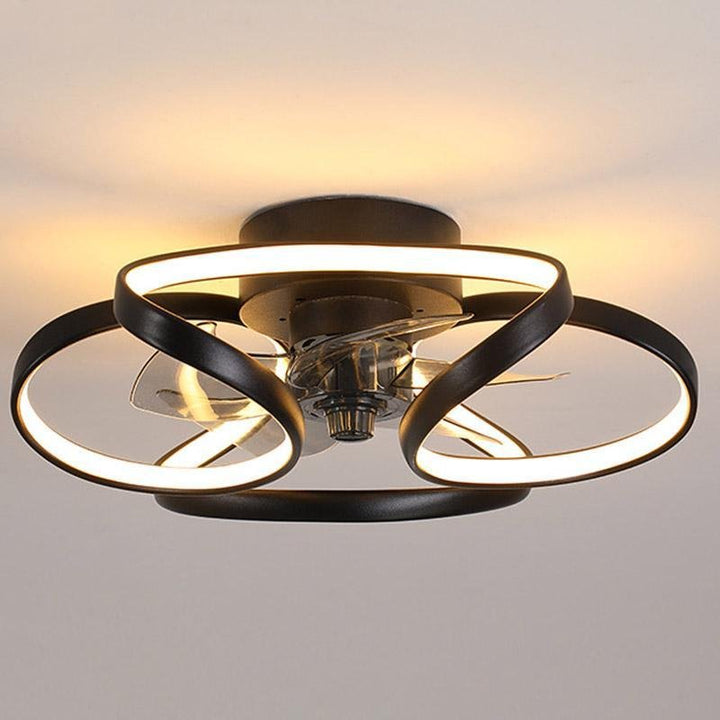 "LED flush mount ceiling fan light with curved blades, modern design enhances living rooms or bedrooms, stylish center fixtur