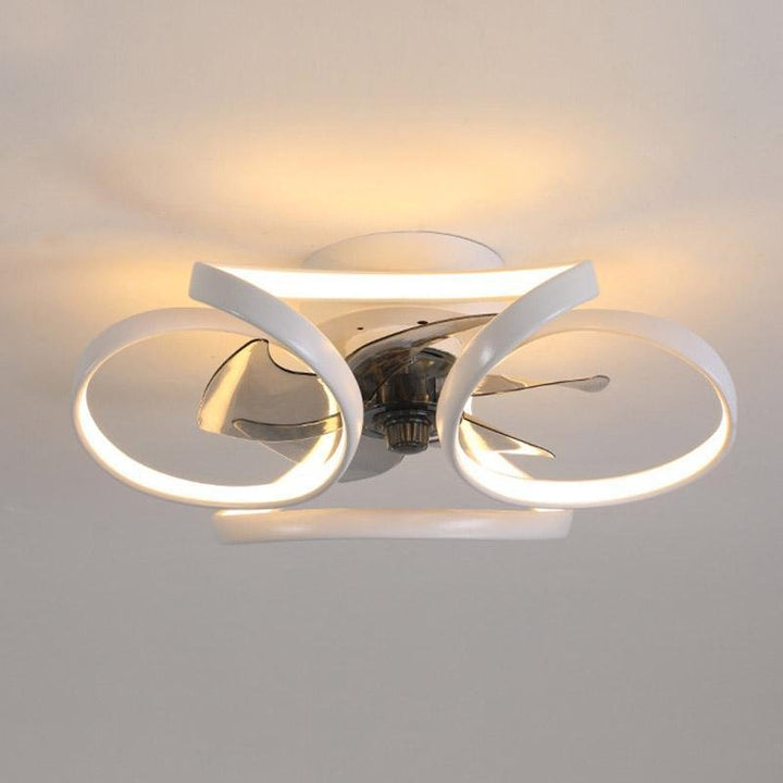 "LED flush mount ceiling fan light with curved blades, modern design enhances living rooms or bedrooms, stylish center fixtur