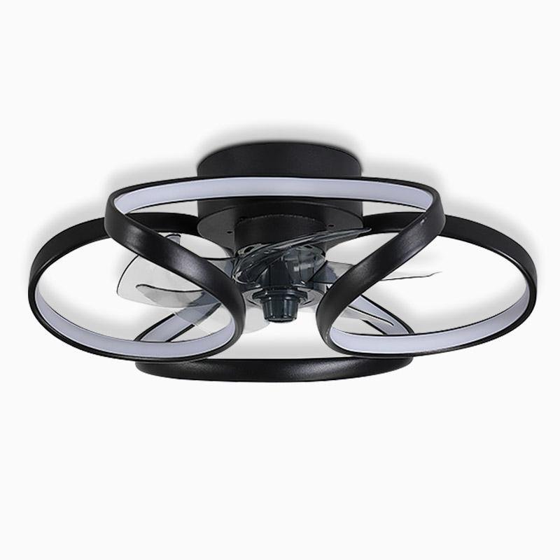 "LED flush mount ceiling fan light with curved blades, modern design enhances living rooms or bedrooms, stylish center fixtur