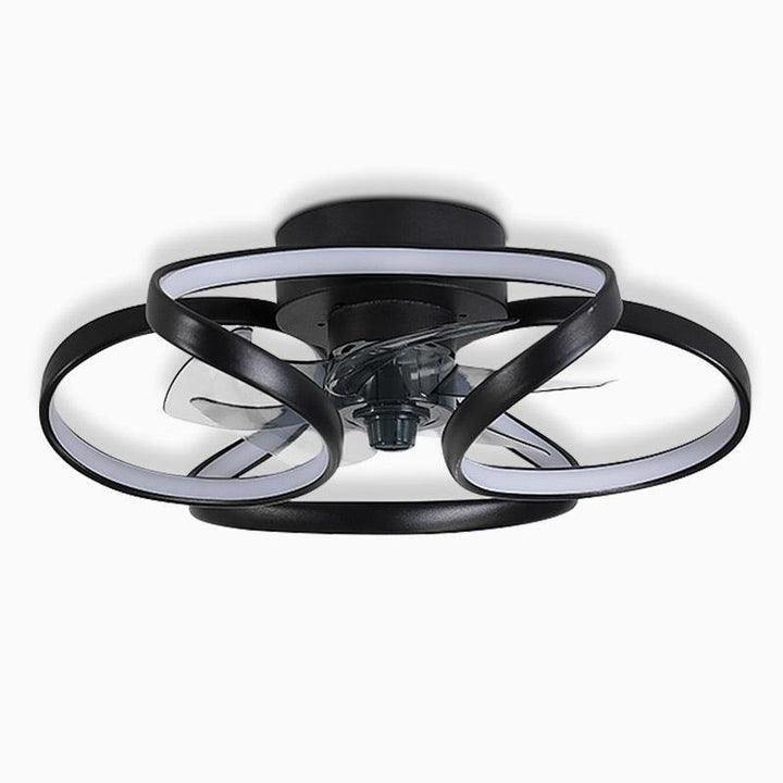 "LED flush mount ceiling fan light with curved blades, modern design enhances living rooms or bedrooms, stylish center fixtur