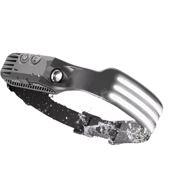 "LED headlamp with 230º beam, triple light modes, adjustable strap, ideal for camping and night running, emits up to 1500 lum