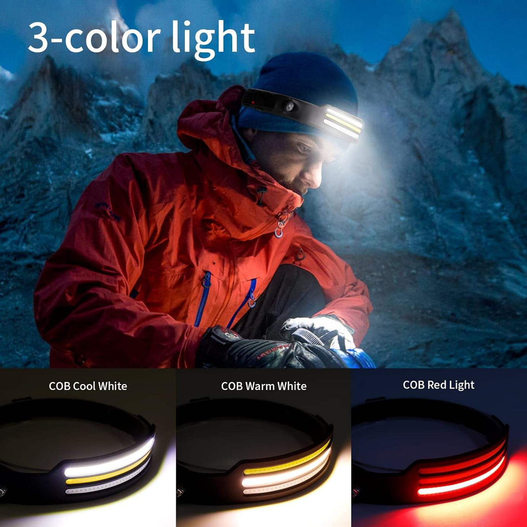 "LED headlamp with 230º beam, triple light modes, adjustable strap, ideal for camping and night running, emits up to 1500 lum