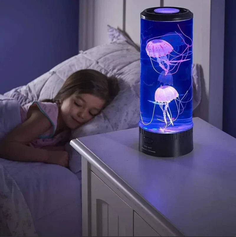 LED Jellyfish Aquarium Lamp with realistic swimming jellyfish for relaxing ambiance & mood lighting. Ocean decor gift.