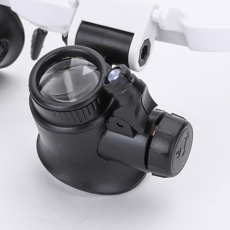 "LED-lit magnifier glasses with adjustable headband and up to 23x magnification for precision tasks and comfort."
