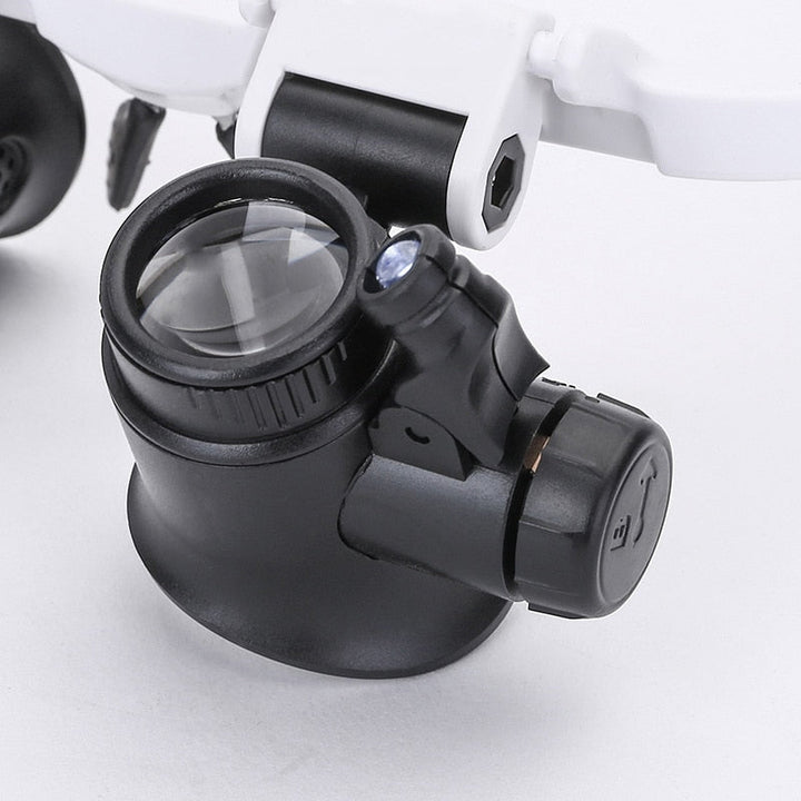 "LED-lit magnifier glasses with adjustable headband and up to 23x magnification for precision tasks and comfort."