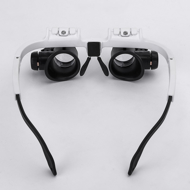 "LED-lit magnifier glasses with adjustable headband and up to 23x magnification for precision tasks and comfort."