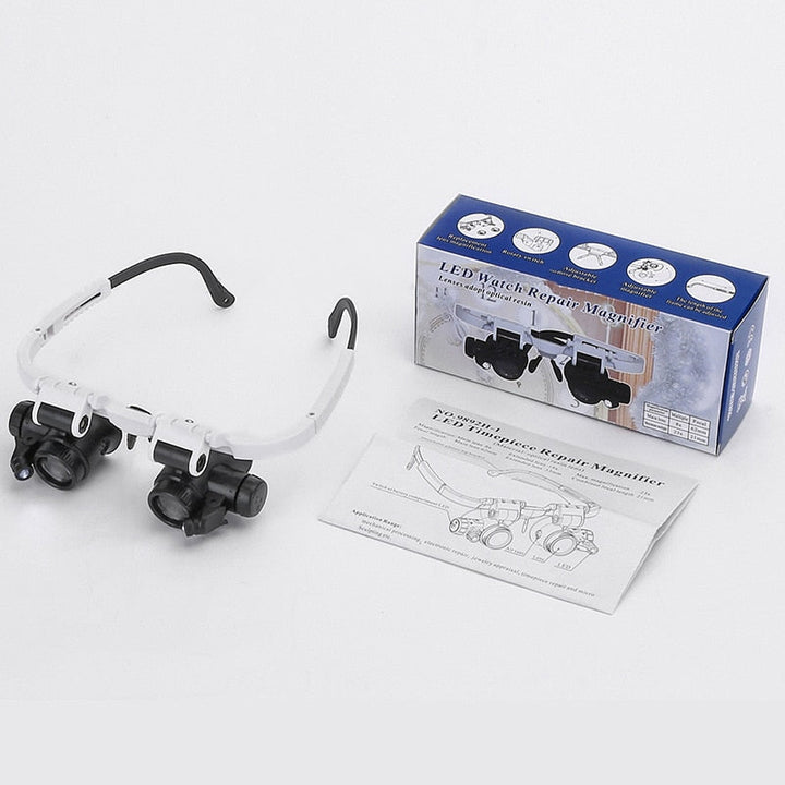 "LED-lit magnifier glasses with adjustable headband and up to 23x magnification for precision tasks and comfort."